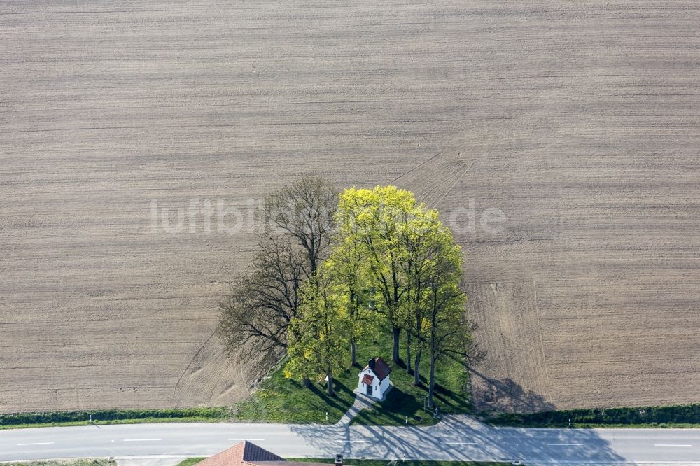 Velden von oben - Baum- Insel mit kleiner Kapelle auf einem Feld in Velden im Bundesland Bayern
