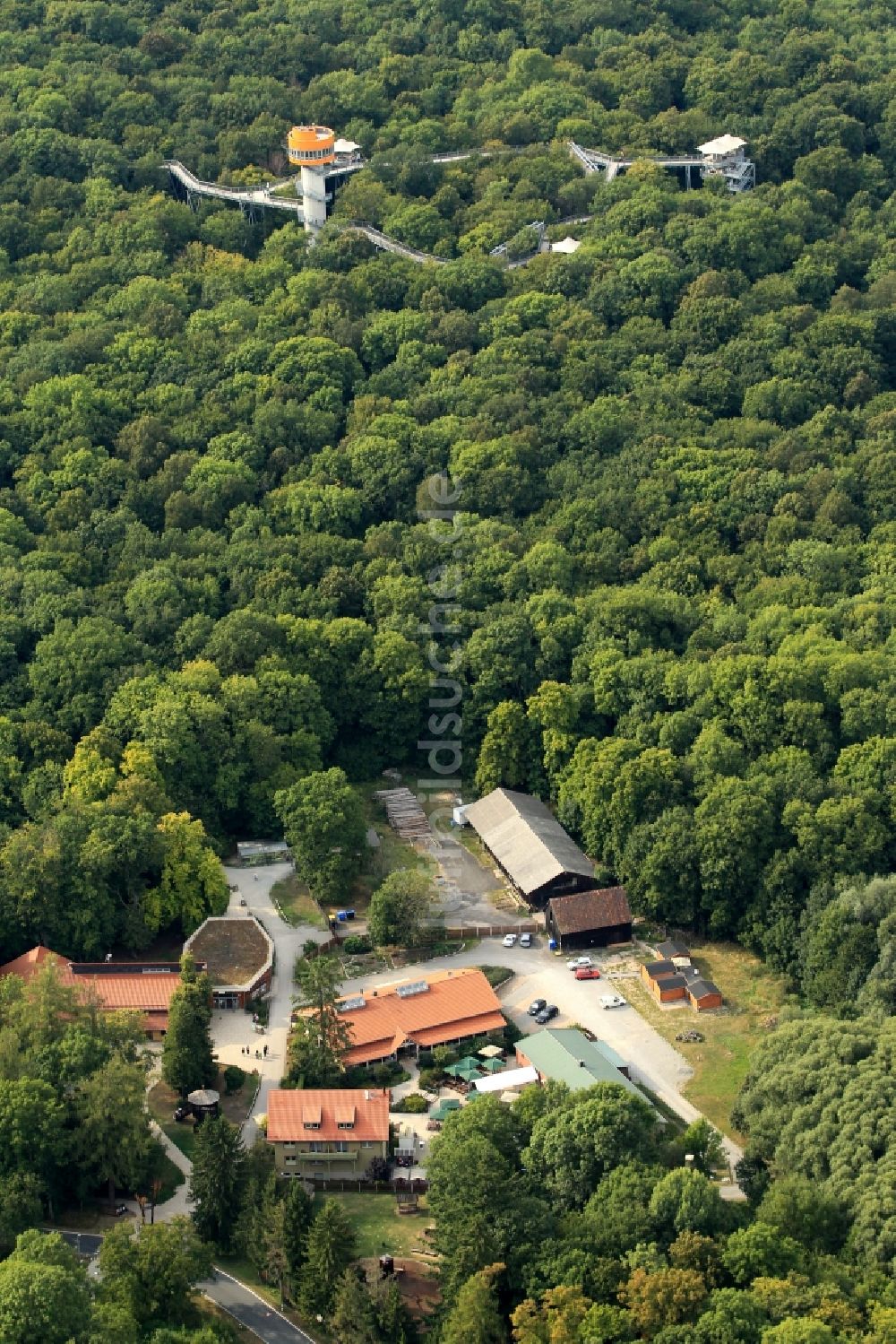 Luftaufnahme Bad Langensalza - Baumturm im Baumkronenpfad in Thüringer Nationalpark Hainich im Bundesland Thüringen