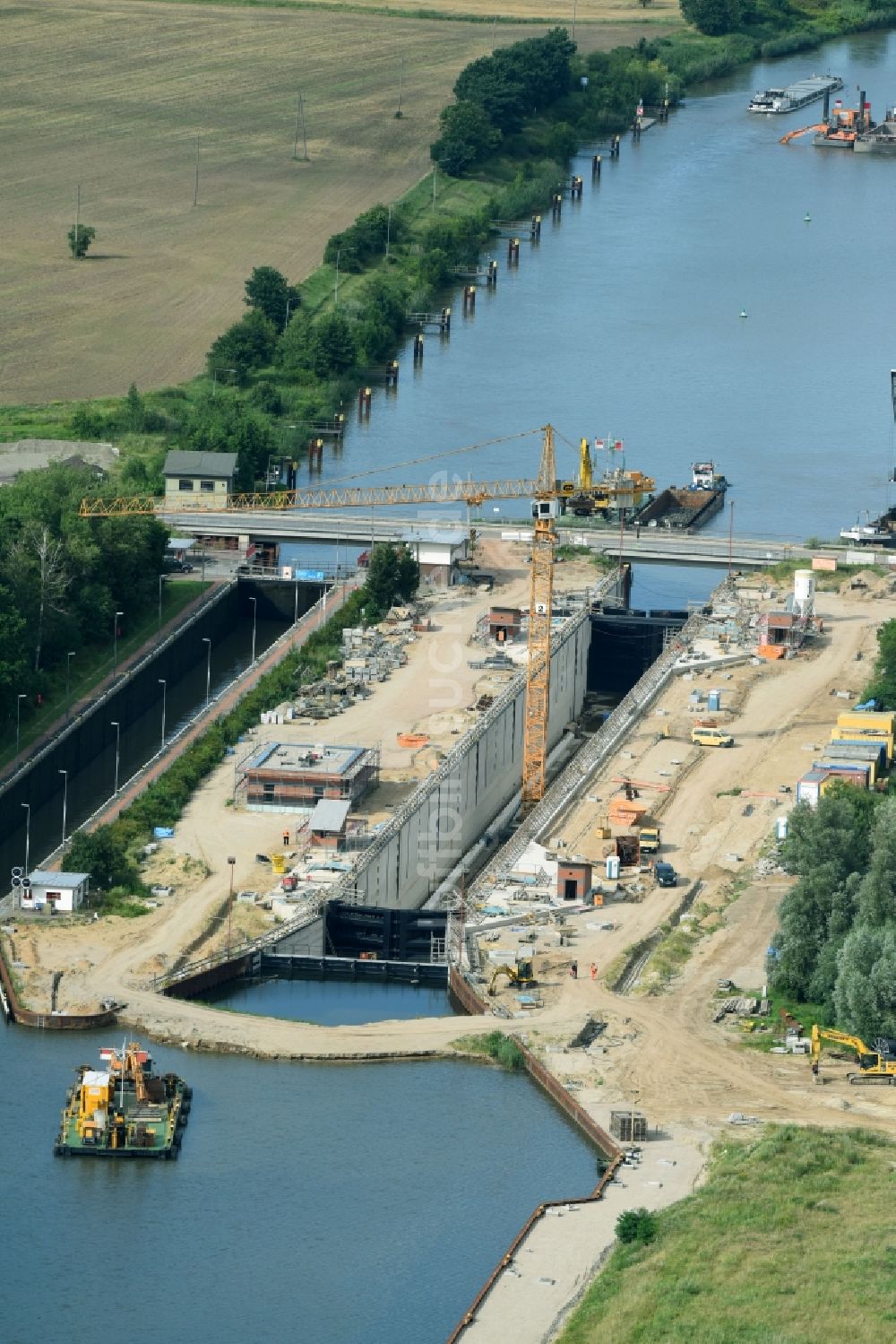 Luftbild Zerben - Baustelle Schleuse Zerben und Zerbener Brücke am Elbe-Havel-Kanal im Bundesland Sachsen-Anhalt