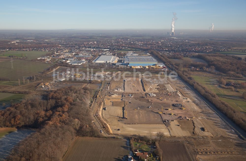 Luftaufnahme Werne - Baustelle zum Neubau eines Gebäudekomplexes auf dem Gelände des Logistikzentrums Amazon Logistik im Ortsteil Lenklar in Werne im Bundesland Nordrhein-Westfalen