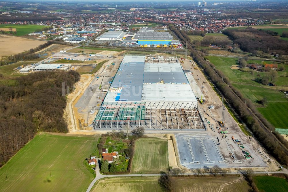 Luftbild Werne - Baustelle zum Neubau eines Gebäudekomplexes auf dem Gelände des Logistikzentrums Amazon Logistik im Ortsteil Lenklar in Werne im Bundesland Nordrhein-Westfalen