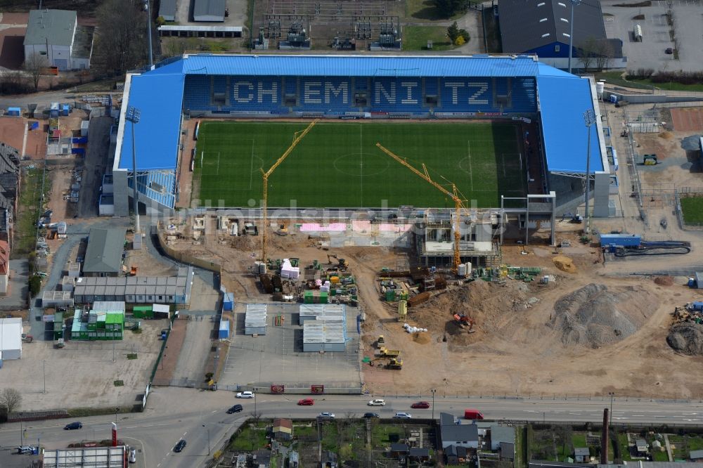 Luftaufnahme Chemnitz - Baustelle zum Umbau des CFC - Stadion in Chemnitz im Bundesland Sachsen