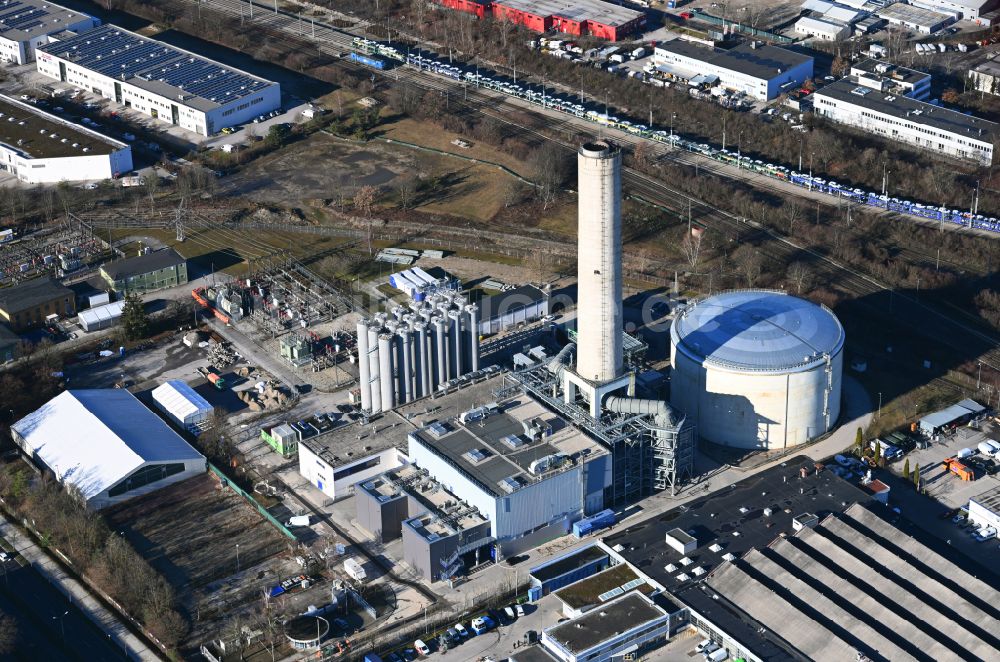 Luftaufnahme München - Blockheizkraftwerk - regionalen Heizkraftwerkes im Ortsteil Freimann in München im Bundesland Bayern, Deutschland