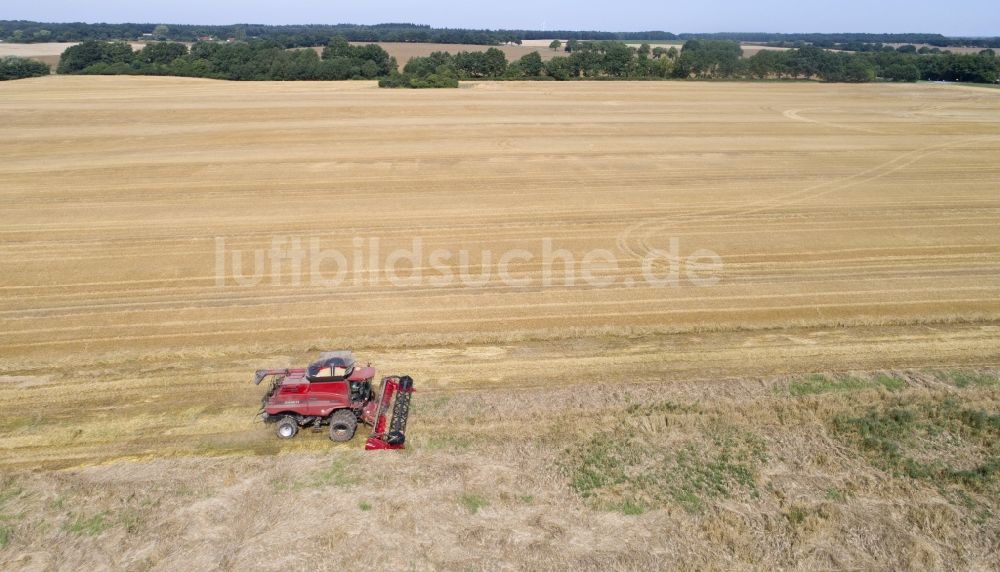 Zapel von oben - Mähdrescher auf einem Getreidefeld in Zapel im Bundesland Mecklenburg-Vorpommern, Deutschland