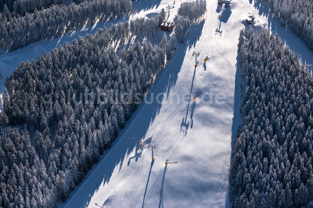 Luftaufnahme Winterberg - Abfahrts- Skipiste mit Liftanlage in Winterberg im Bundesland Nordrhein-Westfalen, Deutschland