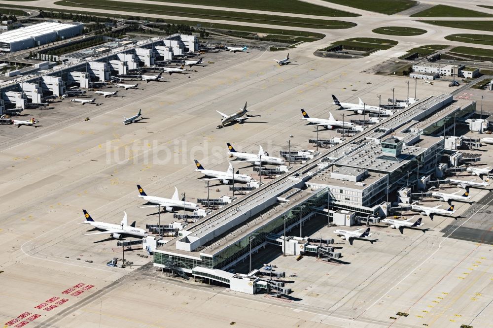 Luftbild München-Flughafen - Abfertigungs- Gebäude des Satelliten Terminals auf dem Gelände des Flughafen in München-Flughafen im Bundesland Bayern, Deutschland