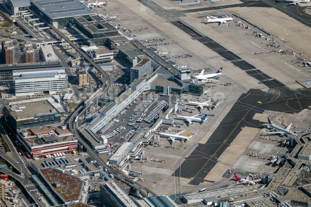 Frankfurt am Main aus der Vogelperspektive: Abfertigungs- Gebäude und Terminals des Flughafen in Frankfurt am Main im Bundesland Hessen