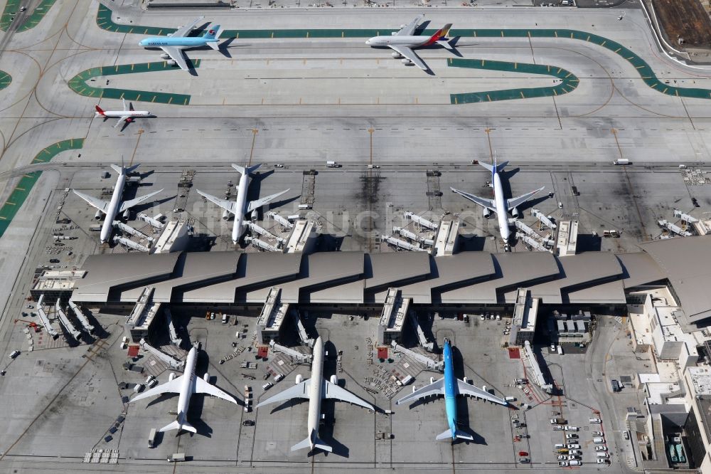Luftbild Los Angeles - Abfertigungs- Gebäude und Terminals auf dem Gelände des Flughafen in Los Angeles in Kalifornien, USA