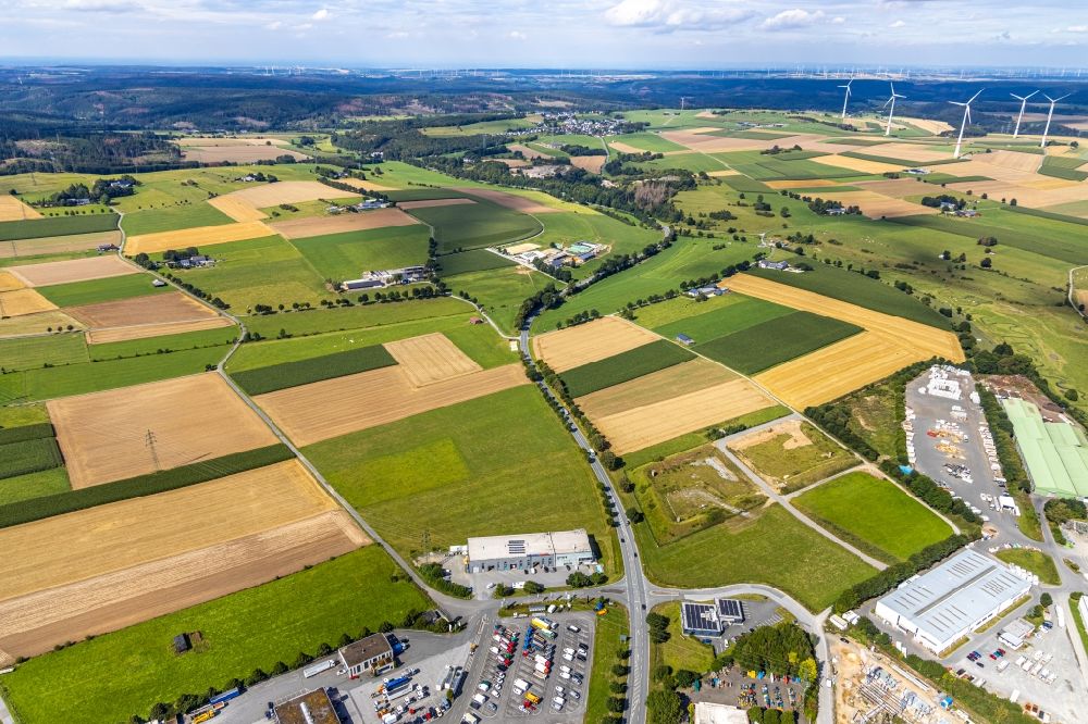 Brilon von oben - Abgeerntete Kornfeld-Strukturen auf einem Getreidefeld in Brilon im Bundesland Nordrhein-Westfalen, Deutschland