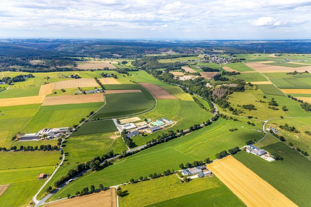Brilon aus der Vogelperspektive: Abgeerntete Kornfeld-Strukturen auf einem Getreidefeld in Brilon im Bundesland Nordrhein-Westfalen, Deutschland