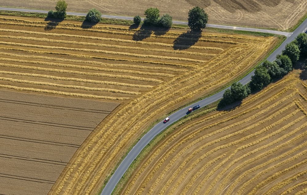 Luftaufnahme Eineckerholsen - Abgeerntete Kornfeld-Strukturen auf einem Getreidefeld in Eineckerholsen im Bundesland Nordrhein-Westfalen, Deutschland