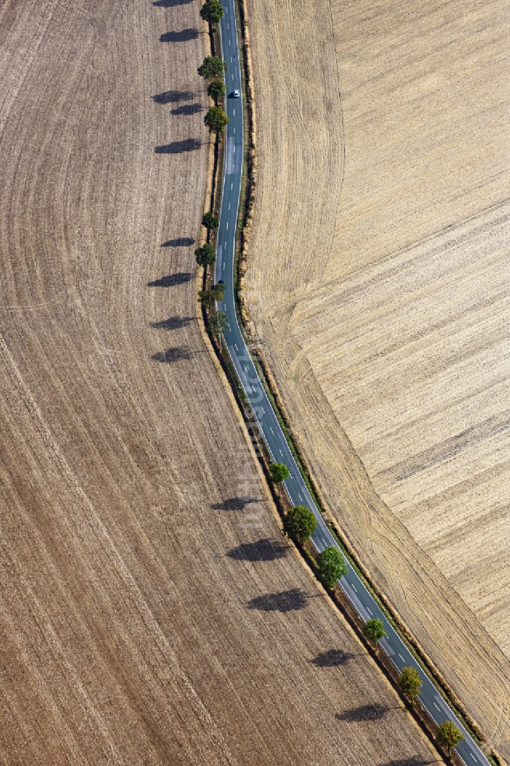 Tonna aus der Vogelperspektive: Abgeerntete Kornfeld-Strukturen auf einem Getreidefeld in Tonna im Bundesland Thüringen, Deutschland
