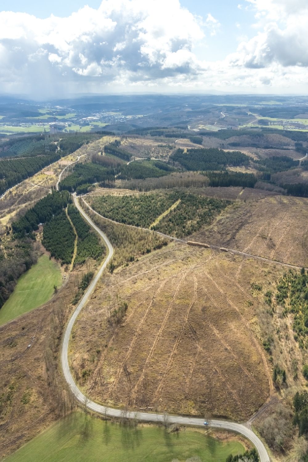 Luftbild Kirchhundem - Abgestorbene Baumspitzen in einem Waldgebiet in Kirchhundem im Bundesland Nordrhein-Westfalen, Deutschland