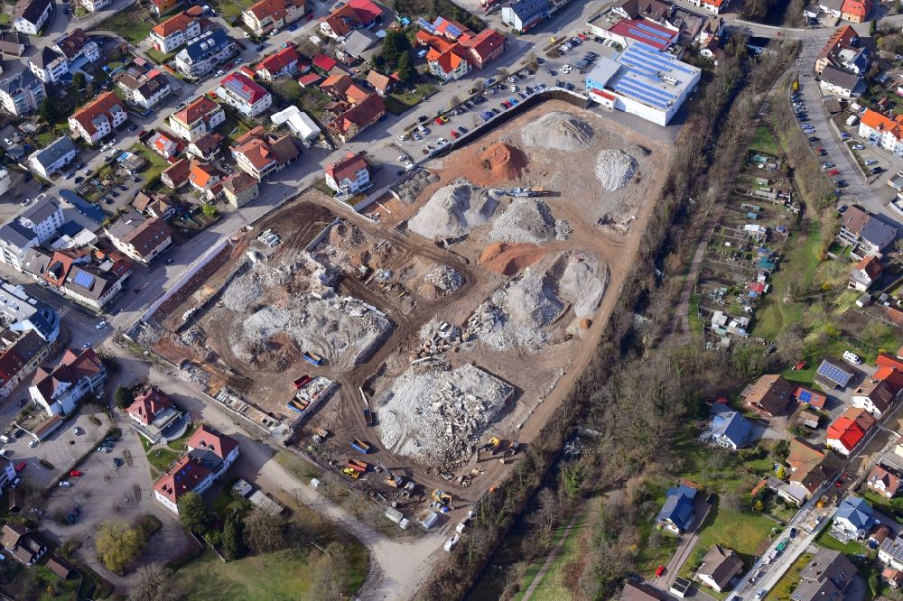 Wehr von oben - Abrißarbeiten auf dem Gelände der Industrie- Ruine Brennet Areal in Wehr im Bundesland Baden-Württemberg, Deutschland