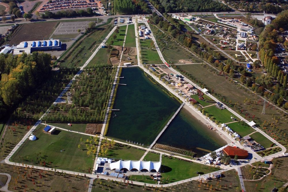 Luftbild Lahr/Schwarzwald - Abschlusswochenende am Seepark und Kleingartenpark auf dem Areal der Landesgartenschau 2018 in Lahr/Schwarzwald im Bundesland Baden-Württemberg, Deutschland