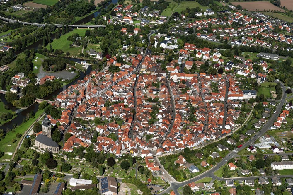 Luftaufnahme Bad Sooden-Allendorf - Altstadtbereich und Innenstadtzentrum in Bad Sooden-Allendorf im Bundesland Hessen, Deutschland