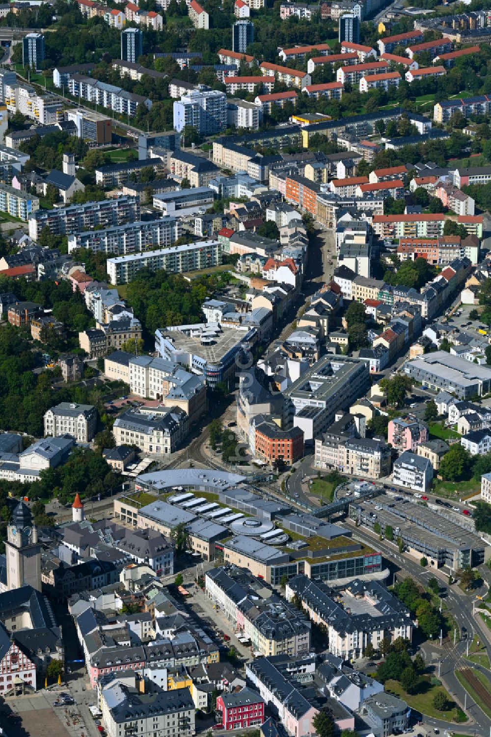 Plauen aus der Vogelperspektive: Altstadtbereich und Innenstadtzentrum in Plauen im Bundesland Sachsen, Deutschland