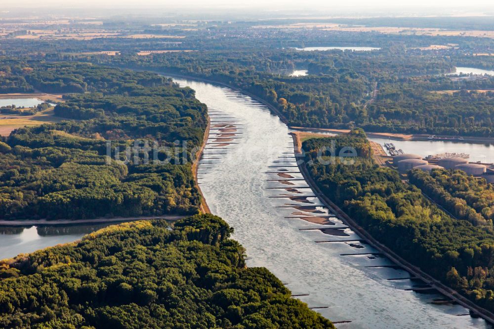 Luftbild Karlsruhe - Ausgetrocknete Buhnen- Landschaft am Rhein in Karlsruhe im Bundesland Baden-Württemberg, Deutschland