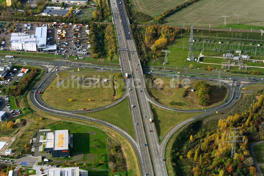 Leipzig von oben - Autobahn- Anschlussstelle der BAB A14 Leipzig-Ost in Leipzig im Bundesland Sachsen, Deutschland
