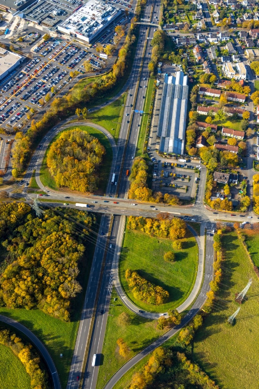 Luftaufnahme Bochum - Autobahn- Anschlussstelle der BAB A40 - Am Rurhrpark in Bochum im Bundesland Nordrhein-Westfalen, Deutschland