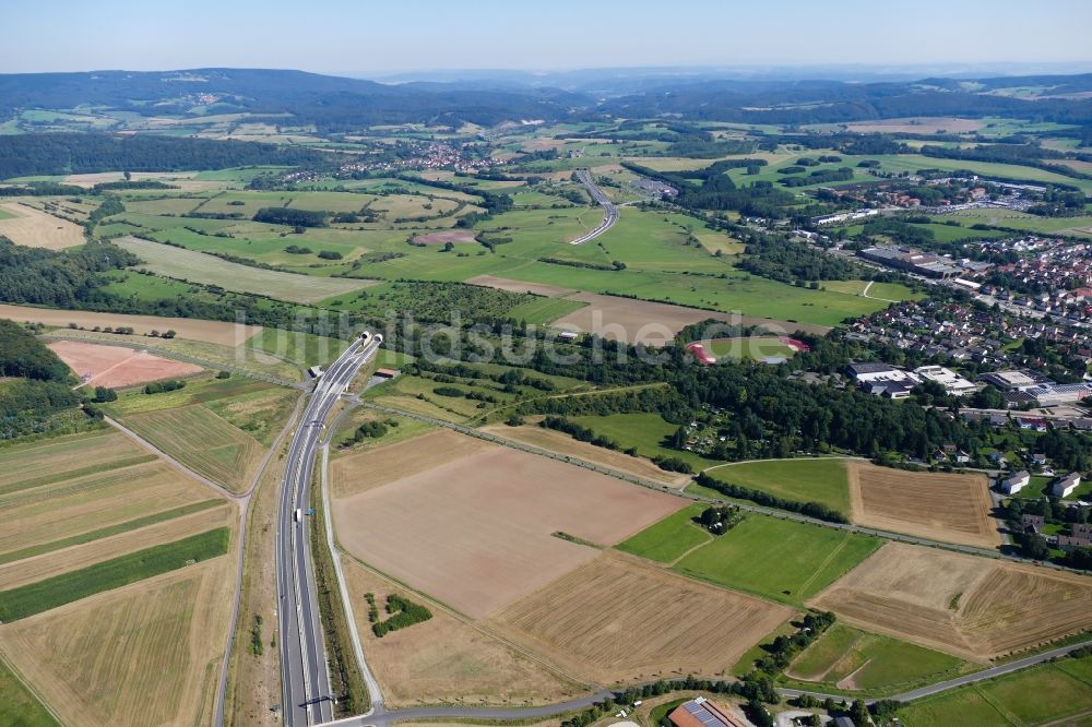 Luftbild Hessisch Lichtenau - Autobahn- Baustellen entlang der Trasse und des Streckenverlaufes der BAB A 44 in Hessisch Lichtenau im Bundesland Hessen