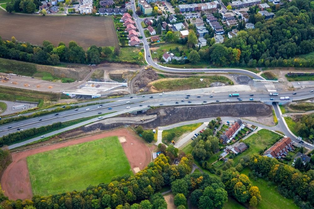 Luftaufnahme Bochum - Autobahn- Baustellen entlang der Trasse und des Streckenverlaufes der A448 und des Nordring in Bochum im Bundesland Nordrhein-Westfalen, Deutschland