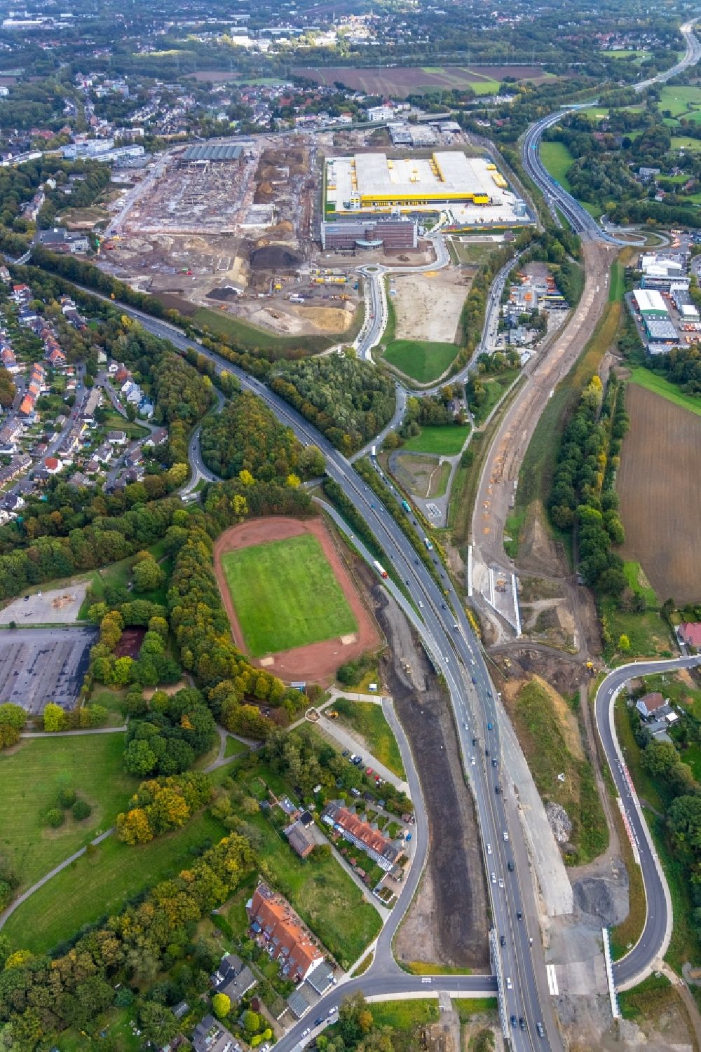 Bochum von oben - Autobahn- Baustellen entlang der Trasse und des Streckenverlaufes der A448 und des Nordring in Bochum im Bundesland Nordrhein-Westfalen, Deutschland