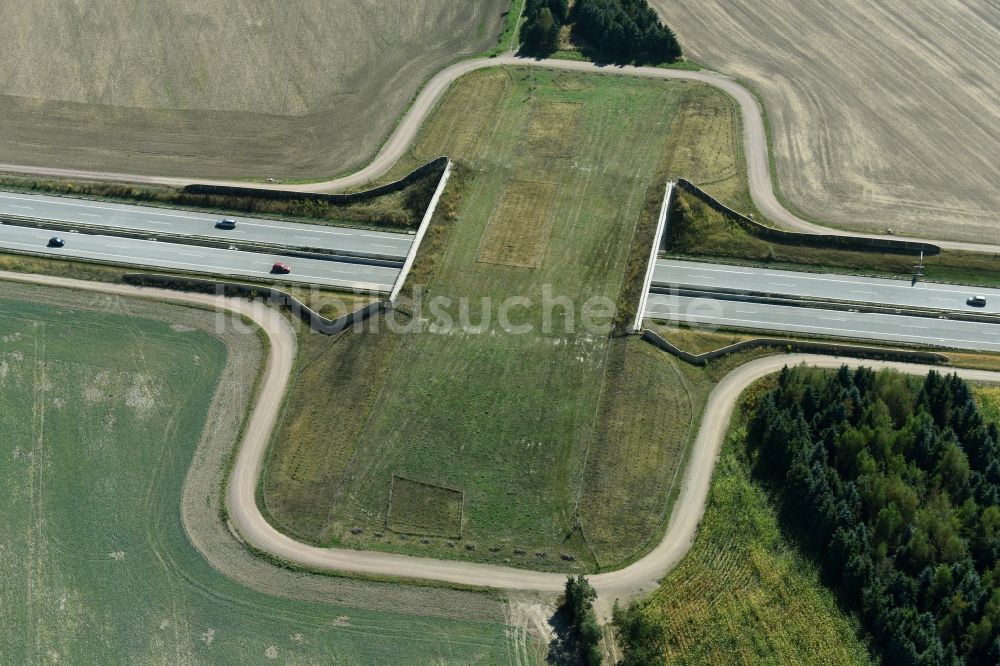 Frohburg aus der Vogelperspektive: Autobahn- Brückenbauwerk einer als Grünbrücke angelegten Wildbrücke - Wildwechselbrücke über die BAB A72 in Frohburg im Bundesland Sachsen