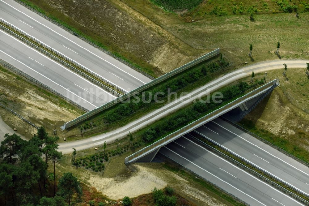 Luftbild Garlin - Autobahn- Brückenbauwerk einer als Grünbrücke angelegten Wildbrücke - Wildwechselbrücke über die BAB A14 in Garlin im Bundesland Brandenburg, Deutschland