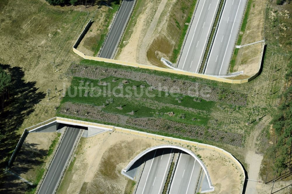 Groß Warnow von oben - Autobahn- Brückenbauwerk einer als Grünbrücke angelegten Wildbrücke - Wildwechselbrücke über die BAB A14 in Groß Warnow im Bundesland Brandenburg