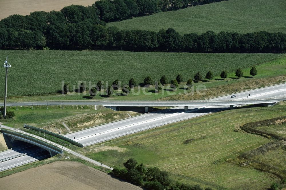 Karstädt aus der Vogelperspektive: Autobahn- Brückenbauwerk einer als Grünbrücke angelegten Wildbrücke - Wildwechselbrücke über die BAB A14 in Karstädt im Bundesland Brandenburg