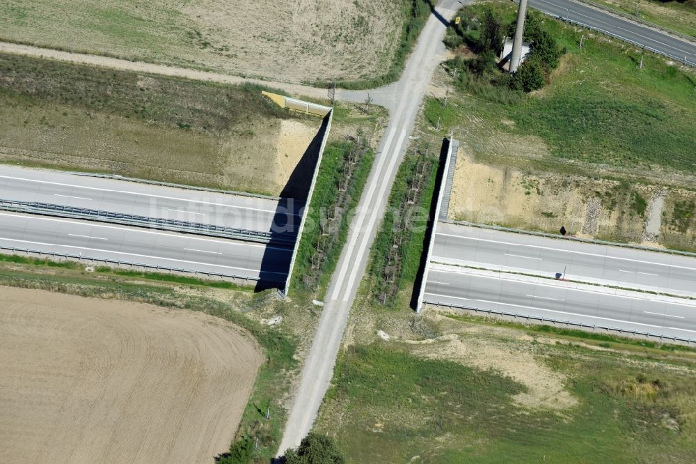 Luftbild Karstädt - Autobahn- Brückenbauwerk einer als Grünbrücke angelegten Wildbrücke - Wildwechselbrücke über die BAB A14 in Karstädt im Bundesland Brandenburg