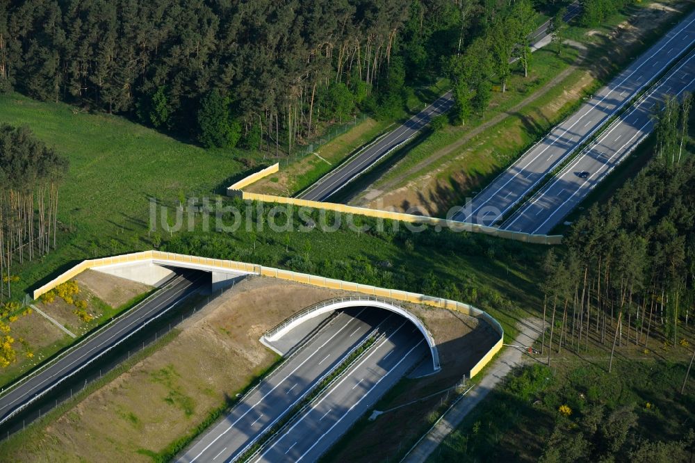 Luftbild Karstädt - Autobahn- Brückenbauwerk einer als Grünbrücke angelegten Wildbrücke - Wildwechselbrücke über die BAB A14 in Karstädt im Bundesland Brandenburg, Deutschland