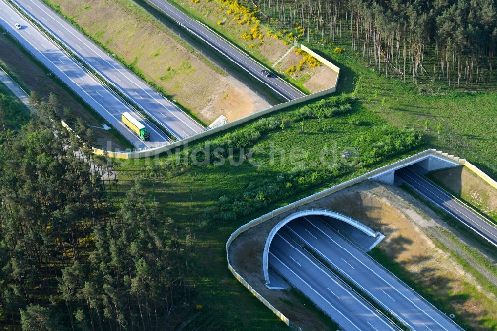 Karstädt von oben - Autobahn- Brückenbauwerk einer als Grünbrücke angelegten Wildbrücke - Wildwechselbrücke über die BAB A14 in Karstädt im Bundesland Brandenburg, Deutschland