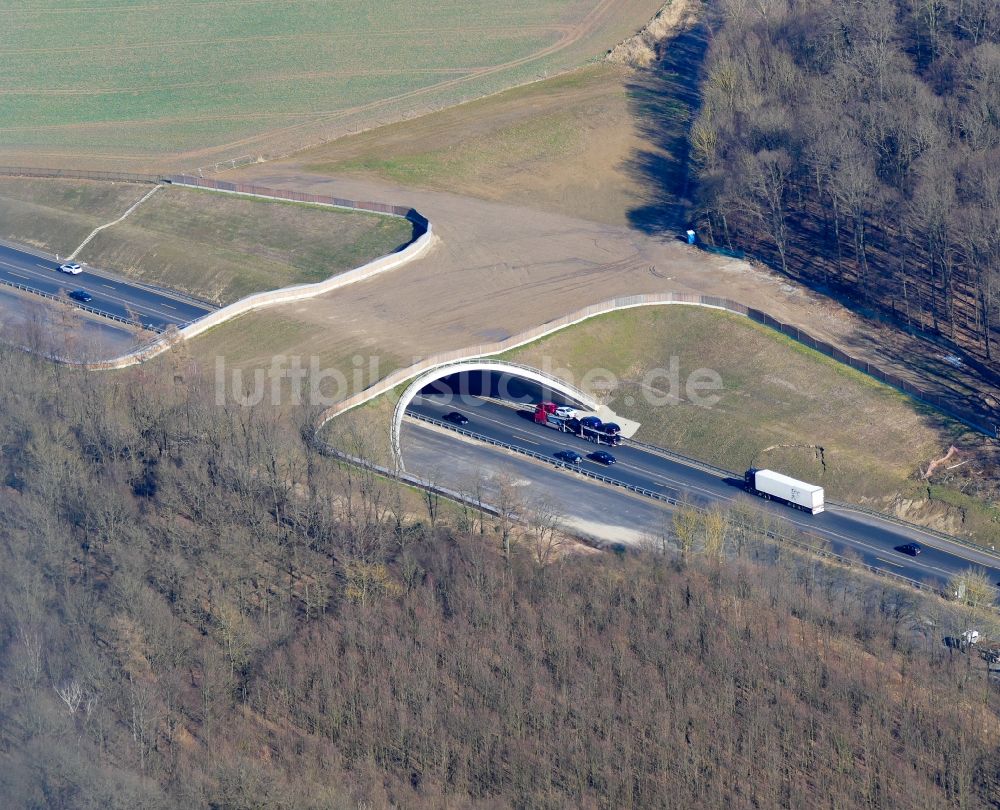 Northeim aus der Vogelperspektive: Autobahn- Brückenbauwerk einer als Grünbrücke angelegten Wildbrücke - Wildwechselbrücke über die BAB A7 in Northeim im Bundesland Niedersachsen, Deutschland