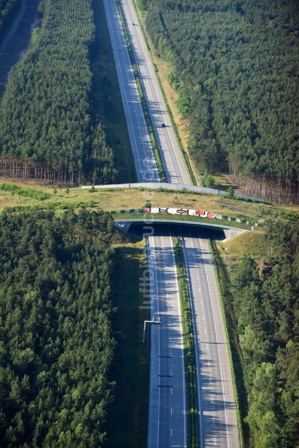 Teupitz aus der Vogelperspektive: Autobahn- Brückenbauwerk einer als Grünbrücke angelegten Wildbrücke - Wildwechselbrücke über die BAB A13 in Teupitz im Bundesland Brandenburg, Deutschland