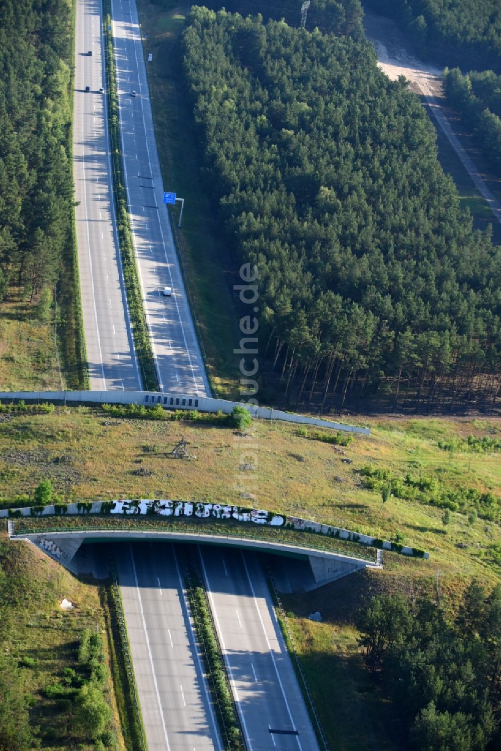 Luftaufnahme Teupitz - Autobahn- Brückenbauwerk einer als Grünbrücke angelegten Wildbrücke - Wildwechselbrücke über die BAB A13 in Teupitz im Bundesland Brandenburg, Deutschland