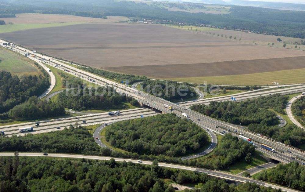 Hermsdorf von oben - Autobahnkreuz der BAB A4 und A9 Hermsdorfer Kreuz in Hermsdorf im Bundesland Thüringen, Deutschland