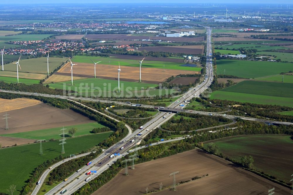 Niederndodeleben von oben - Autobahnkreuz der BAB A2 - A14 Kreuz Magdeburg in Niederndodeleben im Bundesland Sachsen-Anhalt, Deutschland