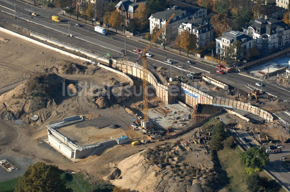 Dresden aus der Vogelperspektive: Bau der Waldschlösschenbrücke in Dresden