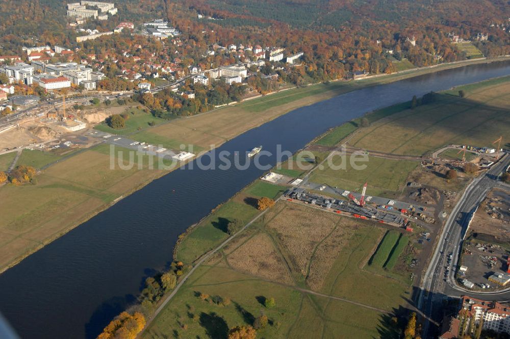 Luftaufnahme Dresden - Bau der Waldschlösschenbrücke in Dresden