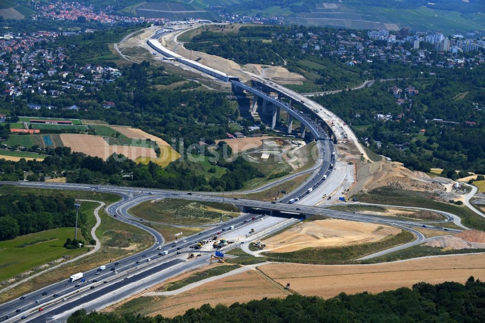 Würzburg von oben - Bauarbeiten an der Talbrücke Heidingsfeld und Verlauf der Bundesautobahn A3 im Süden von Würzburg im Bundesland Bayern