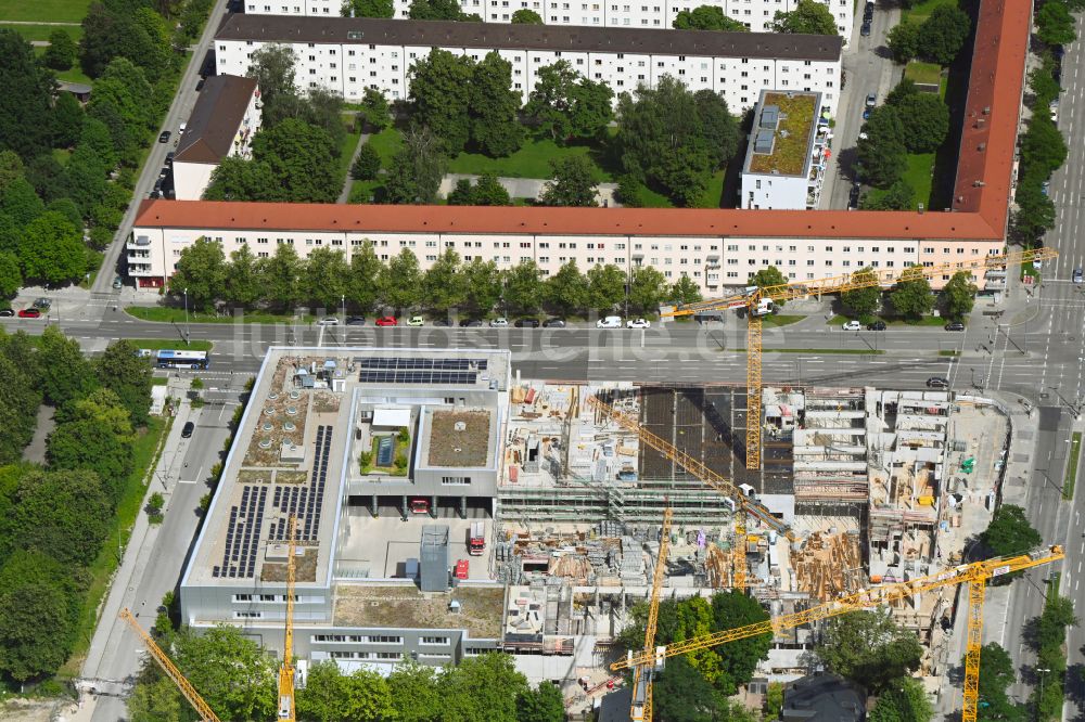 Luftbild München - Baustelle eines Büro- und Geschäftshaus- Ensemble PANDION beat und PANDION soul in München im Bundesland Bayern, Deutschland