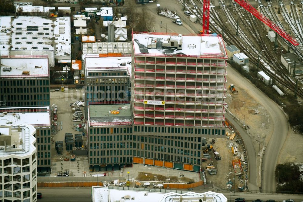 München von oben - Baustelle Bürogebäude des Geschäftshauses Kap West im Ortsteil Hirschgarten in München im Bundesland Bayern, Deutschland