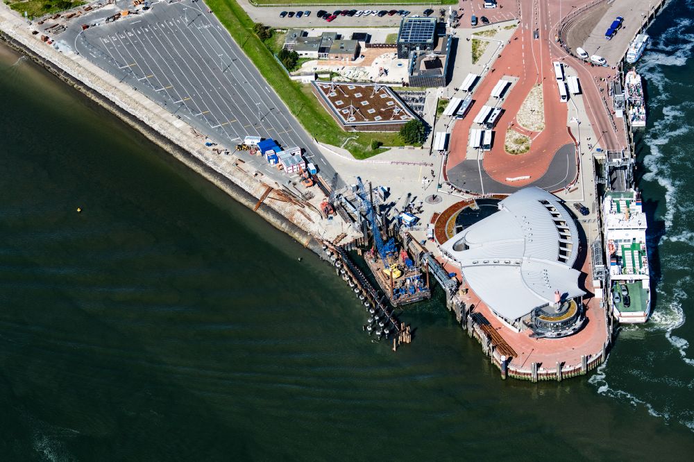 Luftaufnahme Norderney - Baustelle Erneuerung der Südmole im Hafen von Norderney im Bundesland Niedersachsen, Deutschland