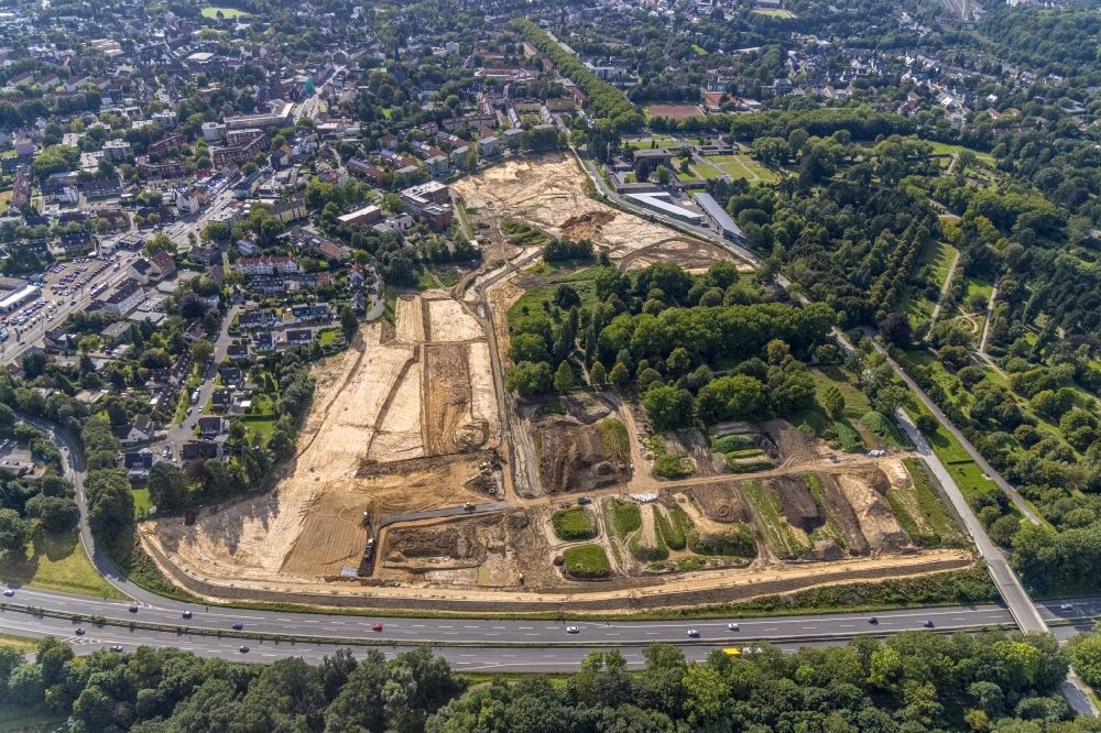 Luftaufnahme Bochum - Baustelle mit Erschließungs - und Aufschüttungs- Arbeiten am Ostpark für das Quartier Feldmark in Bochum im Bundesland Nordrhein-Westfalen, Deutschland