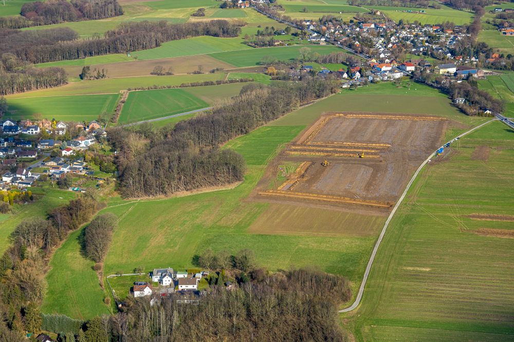 Luftaufnahme Strickherdicke - Baustelle mit Erschließungs - und Aufschüttungs- Arbeiten in Strickherdicke im Bundesland Nordrhein-Westfalen, Deutschland