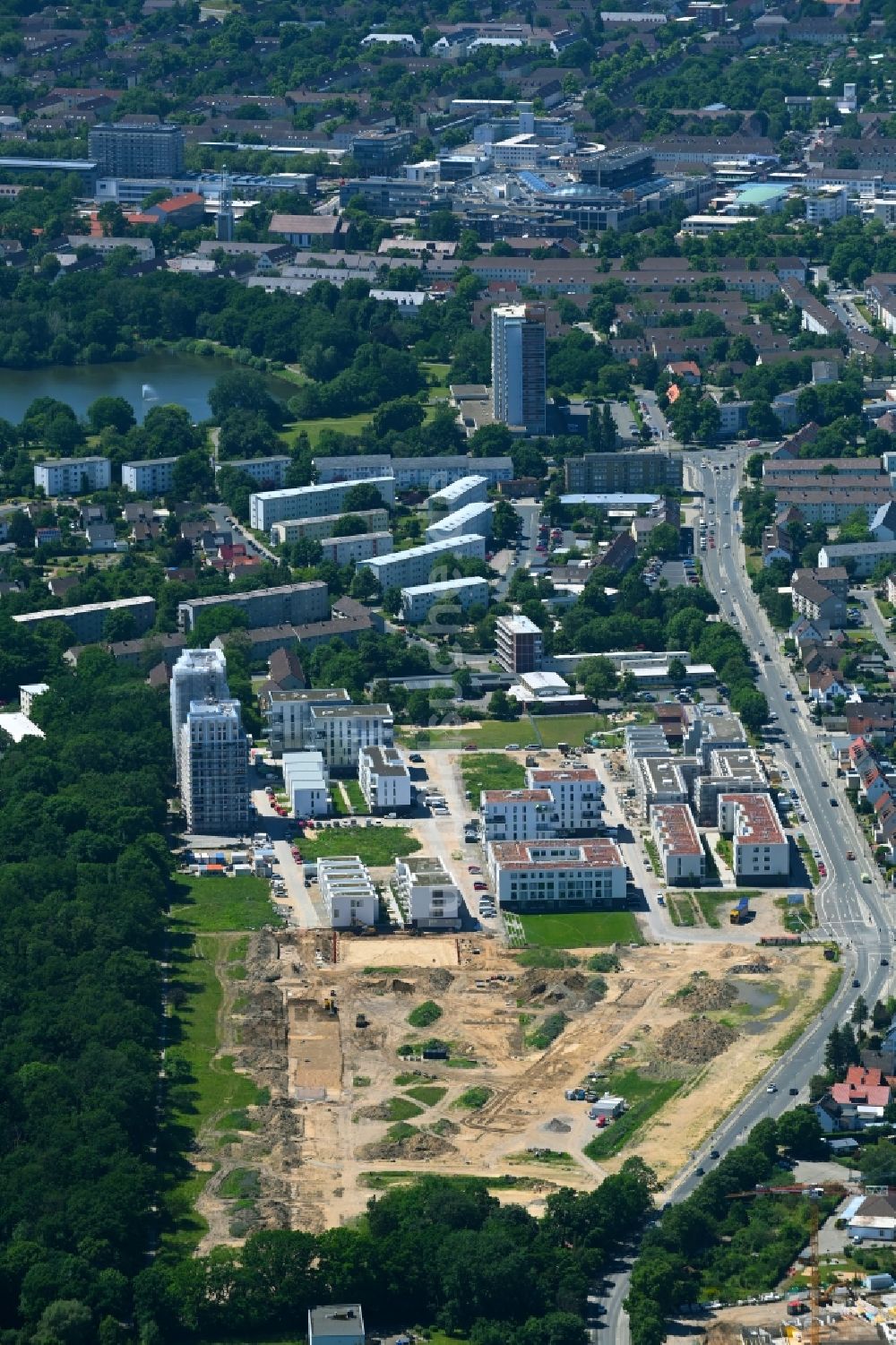 Luftaufnahme Wolfsburg - Baustelle Mehrfamilienhaussiedlung Steimker Gärten - Drei Gärten im Ortsteil Hellwinkel in Wolfsburg im Bundesland Niedersachsen, Deutschland