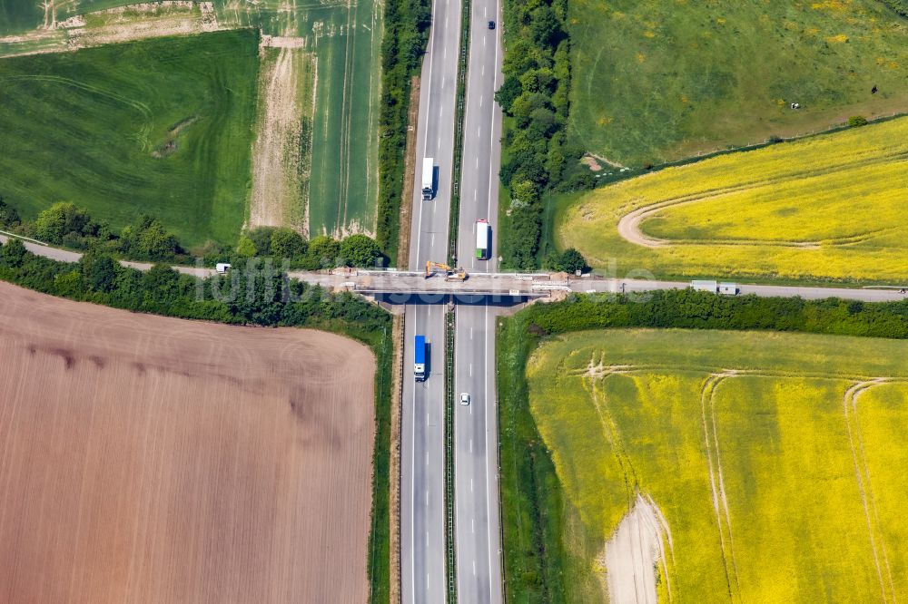 Luftbild Damlos - Baustelle zu Sanierungsarbeiten am Straßen- Brückenbauwerk Hohelieth - Sebent über die Autobahn A1 in Damlos im Bundesland Schleswig-Holstein, Deutschland