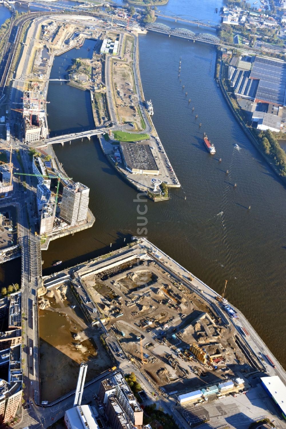 Luftaufnahme Hamburg - Baustelle des Stadtentwicklungsgebietes Baakenhafen an der Elbe in Hamburg